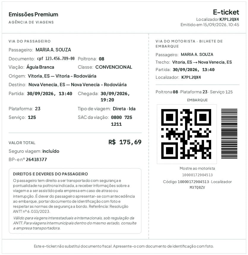 E-ticket impresso da Itinor para a viagem de Vitória a Nova Venécia em 30/09/2026, com a via do passageiro (dados da viagem, valor e direitos do passageiro) e a via do motorista com QR code e código de barras para o embarque. Dados do passageiro fictícios.