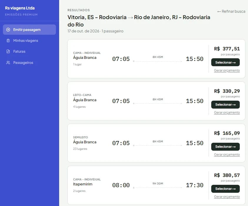 Tela de resultados da busca Vitória para Rio de Janeiro, com horários, classes, lugares disponíveis e preço por passageiro.